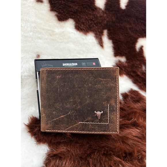 American Bison Other - American Bison Mens Genuine Leather RFID Bifold Wallet Distressed Brown